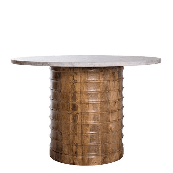 A round table featuring a light-colored, possibly concrete or stone, top resting on a substantial cy… — 3D model