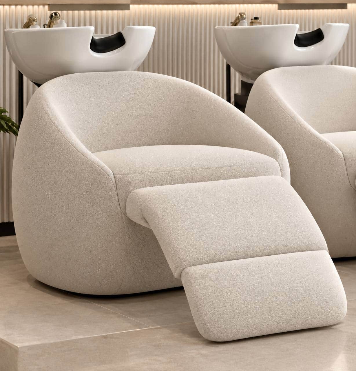 A contemporary, upholstered recliner chair featuring a light-colored, textured fabric and rounded, s… — 3D model