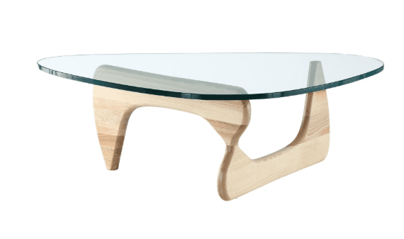 A coffee table featuring a clear, irregularly shaped glass top and a distinctive, sculptural wooden… — 3D model