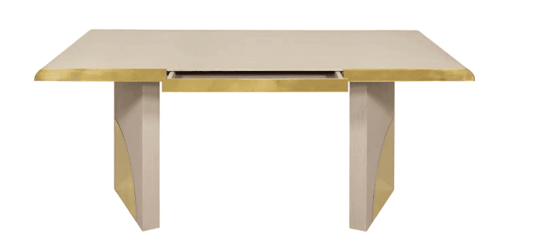 A contemporary desk featuring a rectangular tabletop with a light beige finish and a brass trim alon… — free OBJ 3D model