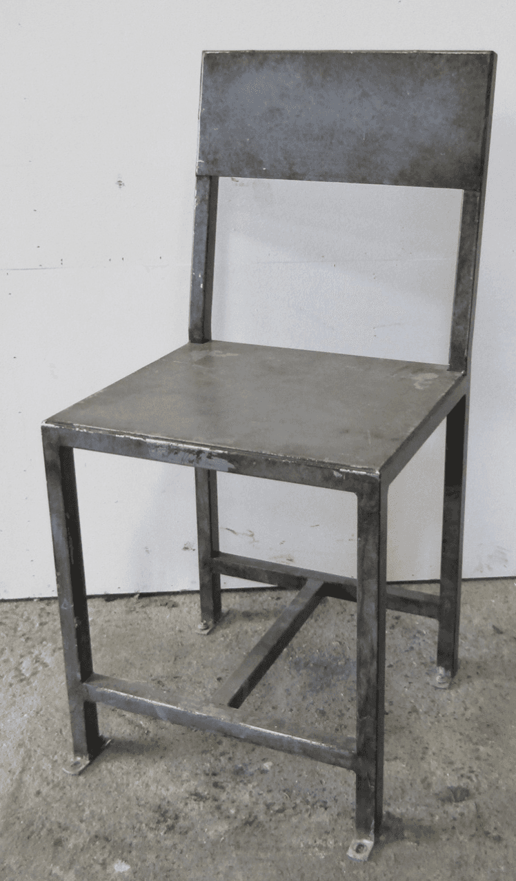 A utilitarian industrial side chair constructed entirely from raw, unfinished steel. It features a s… — 3D model