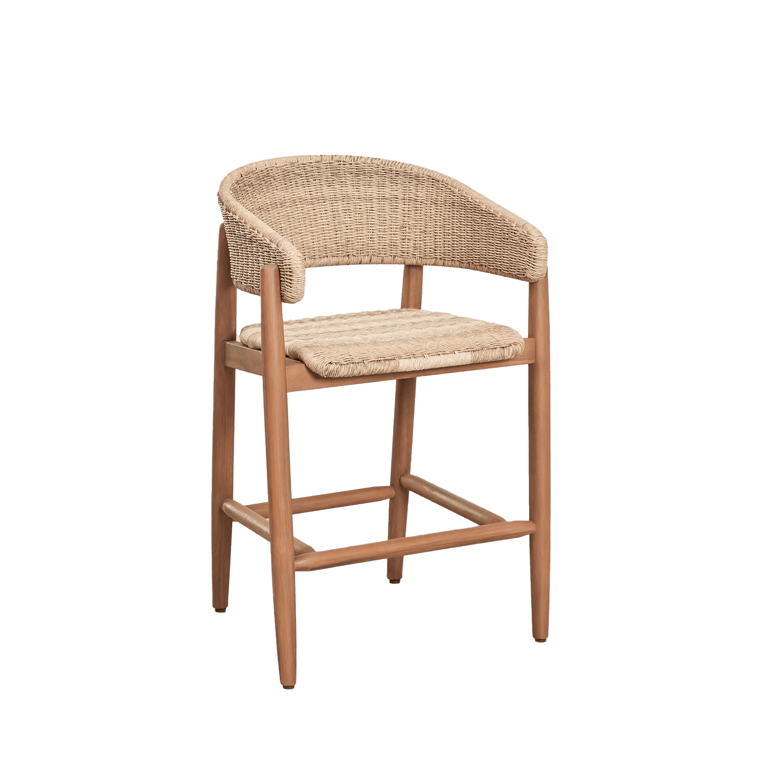A bar stool featuring a curved woven backrest and seat, supported by a wooden frame. The frame consi… — free SKP 3D model