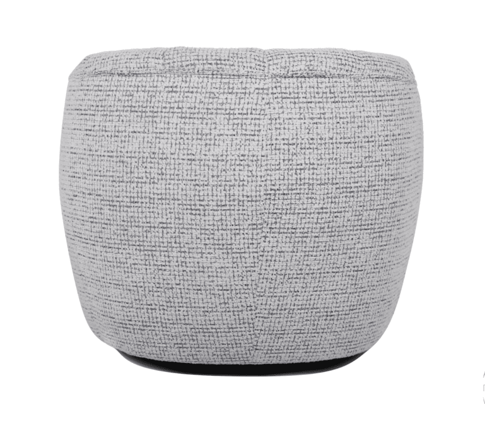 A light gray, barrel-shaped ottoman or pouf, fully upholstered in a textured fabric. The item featur… — 3D model
