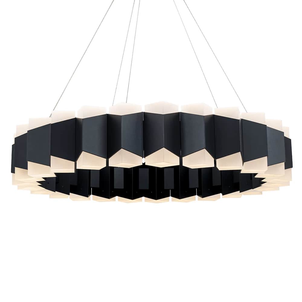 A contemporary, black and white, hexagonal ring-shaped chandelier suspended by thin cables. It featu… — 3D model