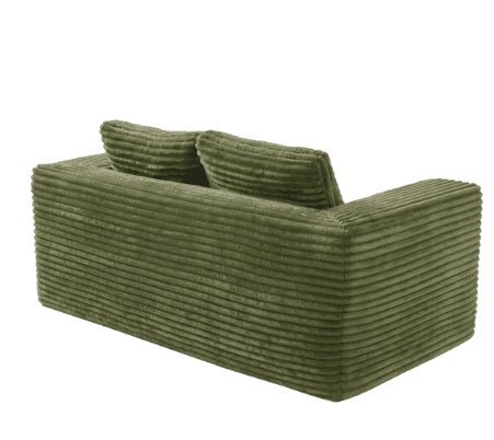 A contemporary loveseat fully upholstered in ribbed olive green corduroy fabric, featuring a blocky… — 3D model
