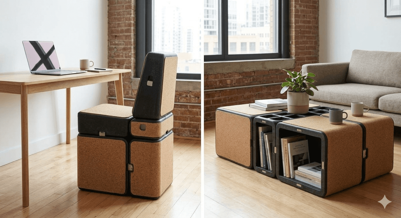 A modular chair composed of cuboid blocks, featuring natural cork panels on its exterior surfaces an… — 3D model