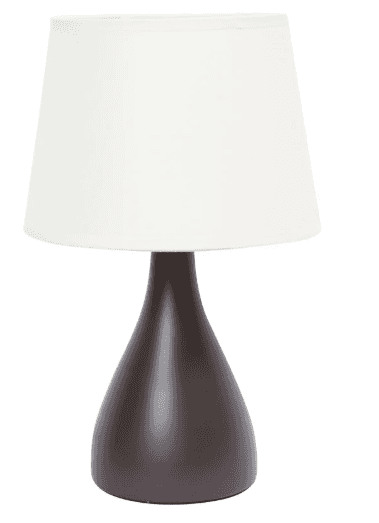 A modern table lamp featuring a dark brown, teardrop-shaped ceramic base and a conical white fabric… — 3D model