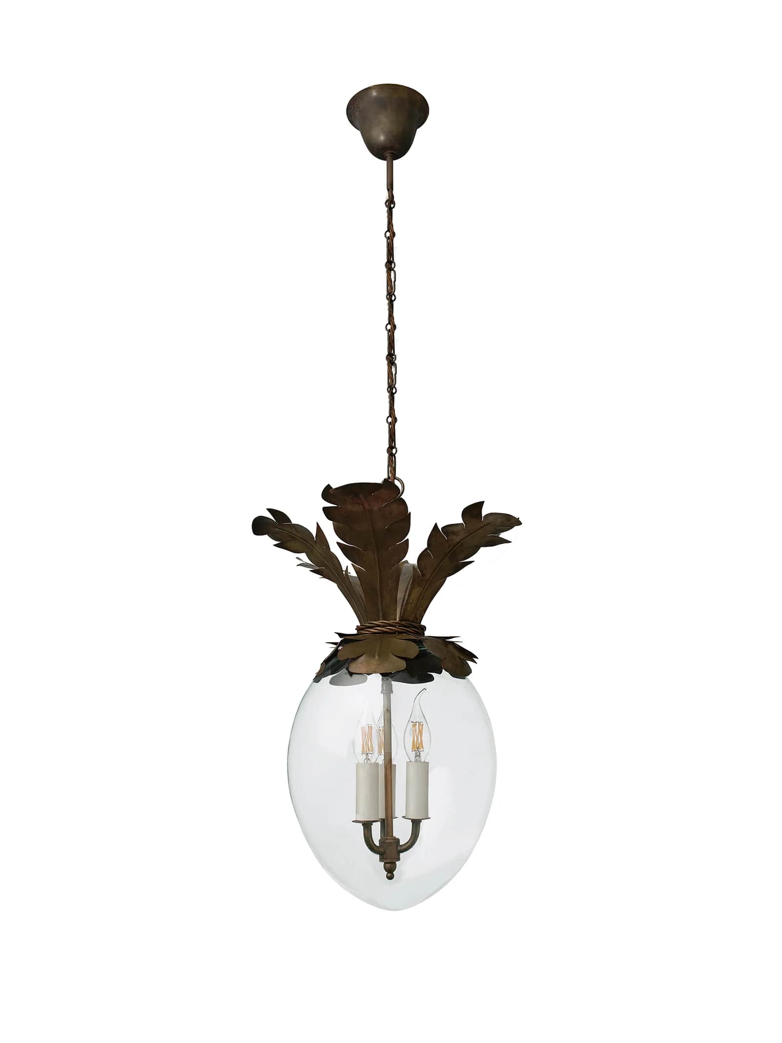 A decorative hanging lighting fixture, characterized by a clear bell-shaped glass body and a detaile… — 3D model