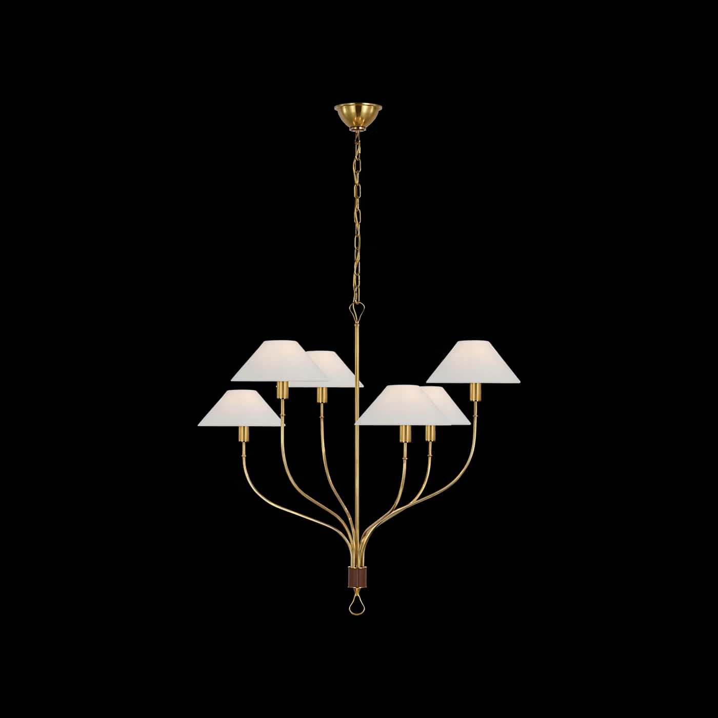 A brass chandelier with five white conical lampshades. The arms of the chandelier curve outwards and… — 3D model