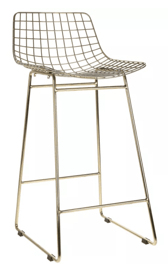 A tall, contemporary bar stool constructed from gold-finished metal wire. It features a contoured, g… — 3D model