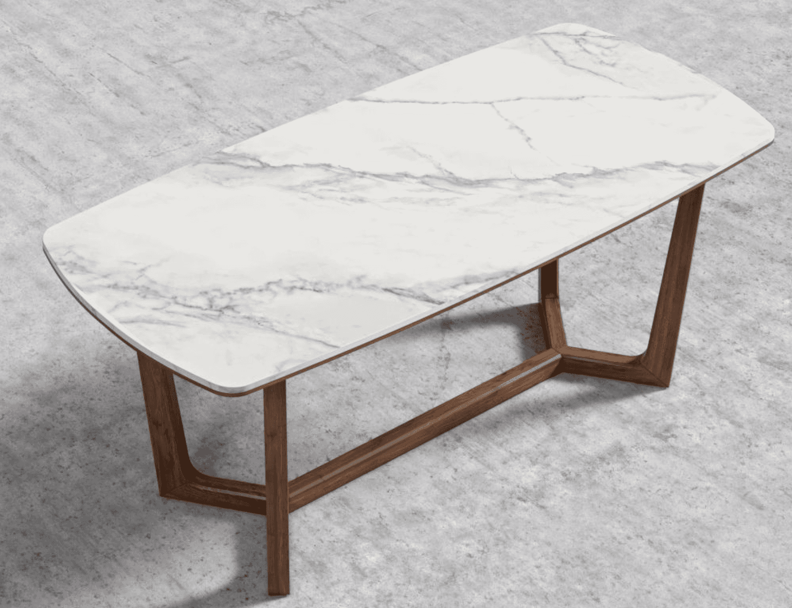 A modern rectangular coffee table featuring a white faux marble top with grey veining and a dark bro… — 3D model