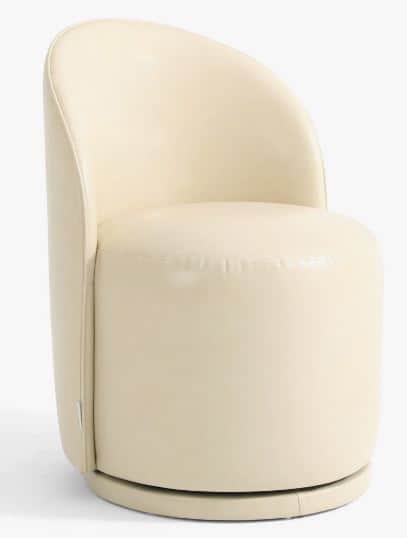 An armless swivel accent chair featuring a cylindrical upholstered base, a round seat, and a curved,… — free OBJ 3D model
