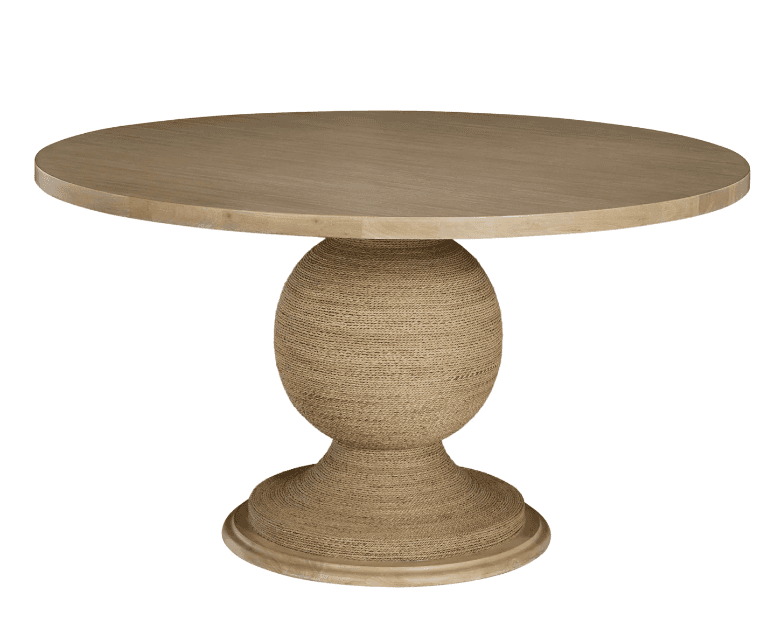A round dining table with a pedestal base. The tabletop is made of light-colored wood with visible g… — 3D model