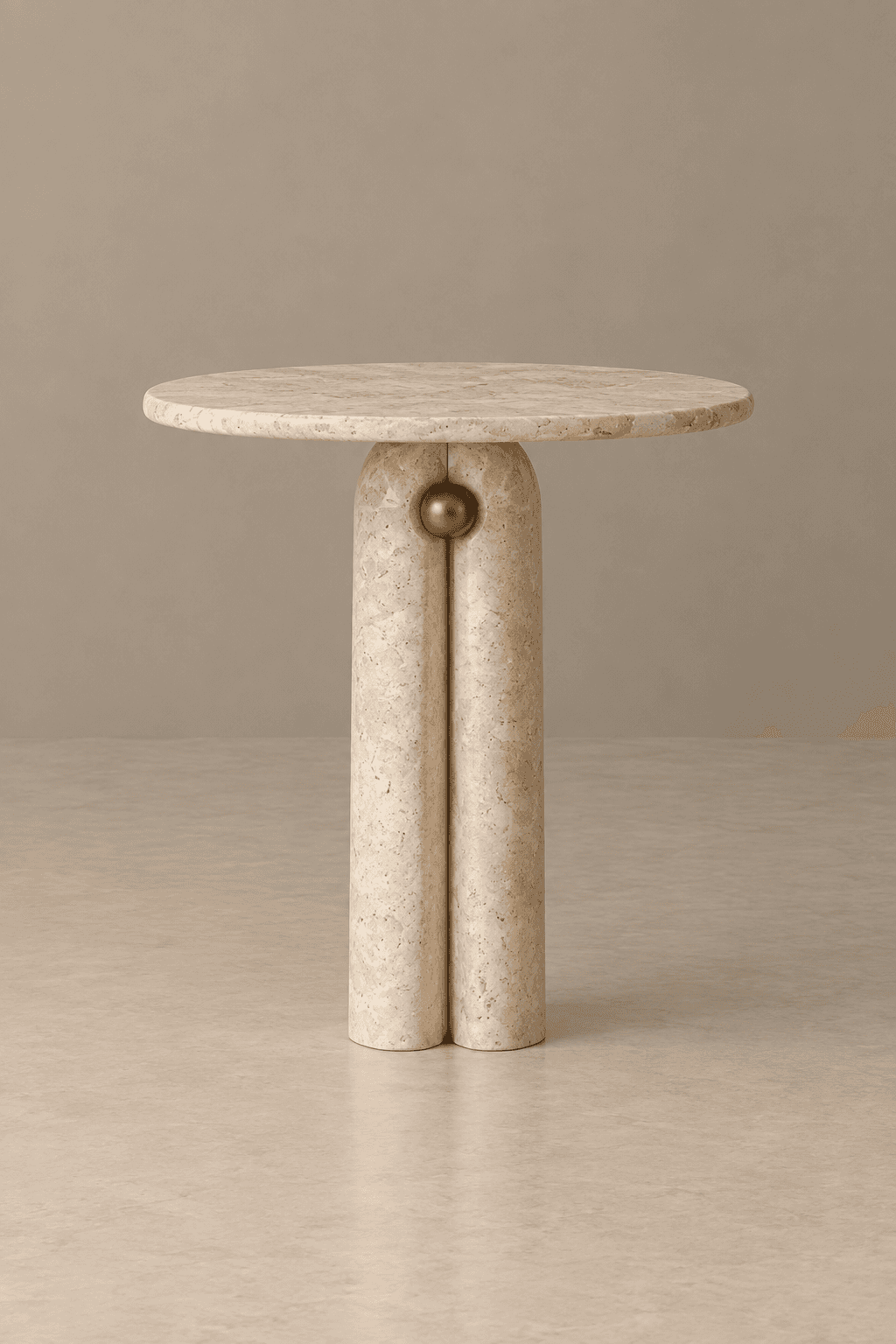 A modern round side table constructed from light beige travertine, featuring a circular tabletop and… — 3D model