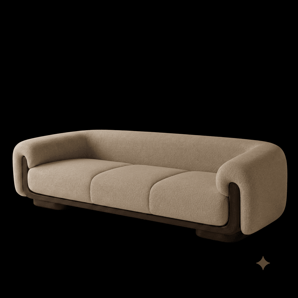 A modern three-seater sofa featuring a clean, minimalist design with soft, rounded forms. The sofa i… — 3D model