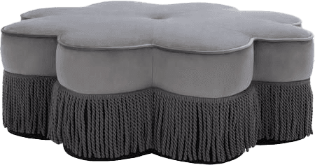 A grey, flower-shaped ottoman with a tufted top and a decorative fringe along its base. The ottoman… — 3D model