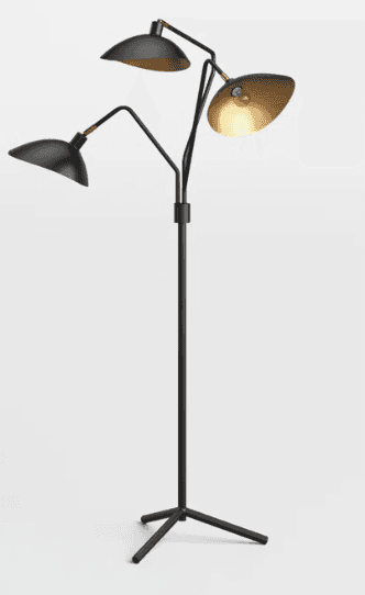 A black floor lamp with a tripod base and three adjustable arms, each holding a conical lampshade. O… — 3D model