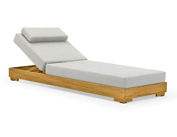 An outdoor chaise lounge with a robust wooden frame and light-colored upholstered cushions. The back… — 3D model