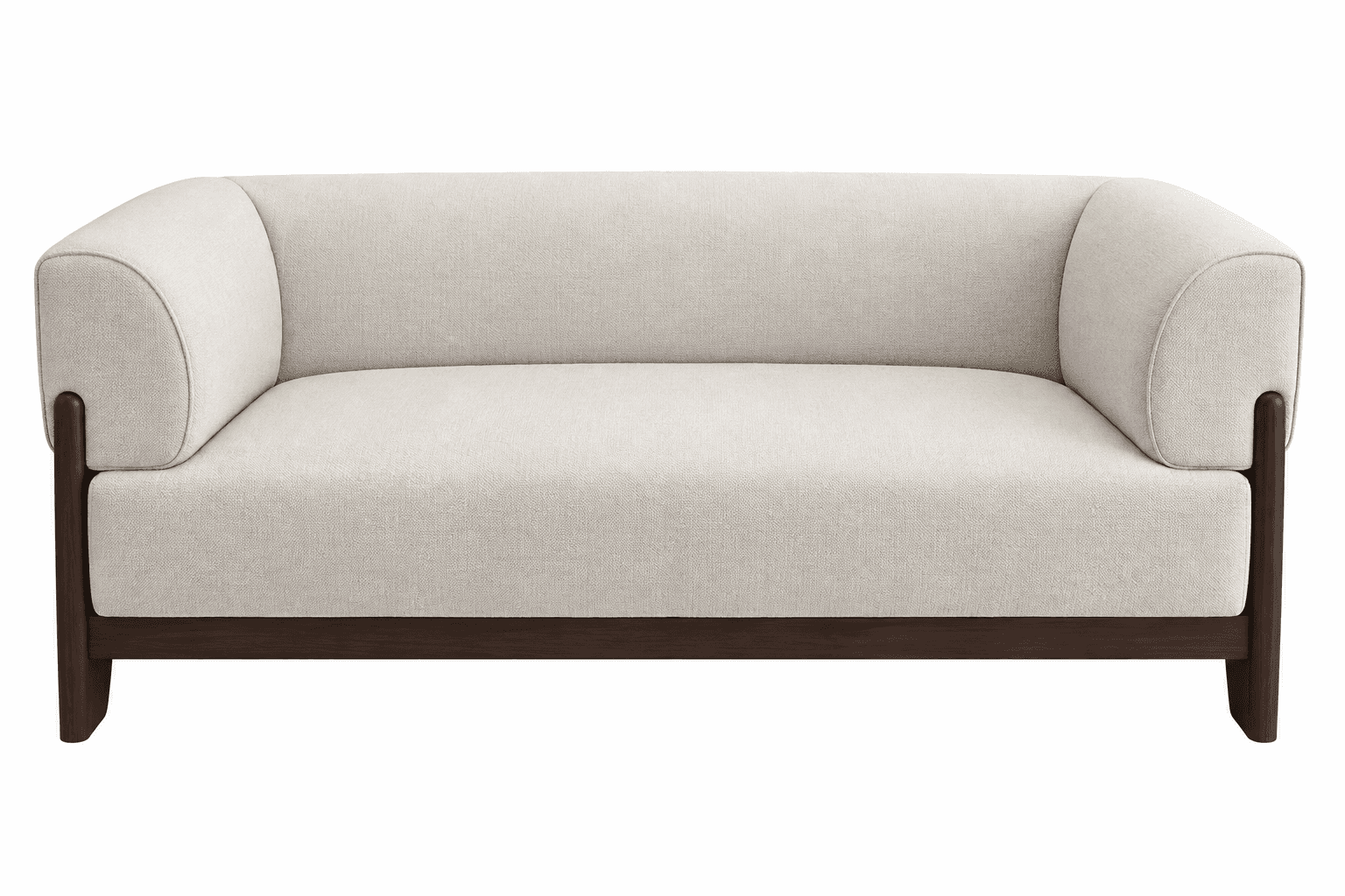 A modern two-seater loveseat featuring a light off-white, textured fabric upholstery and a dark-stai… — 3D model