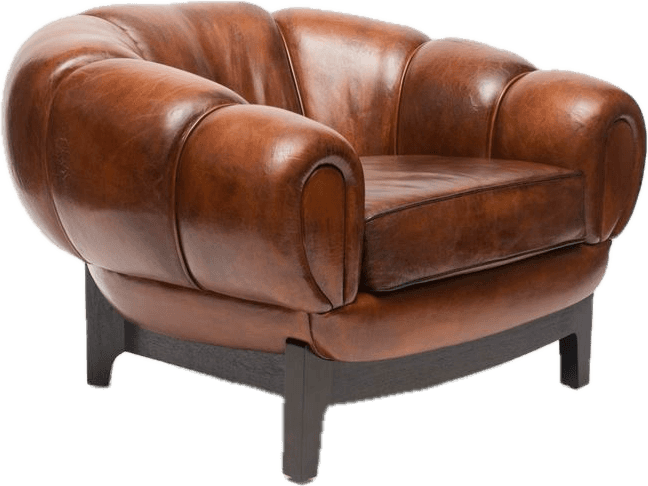 A vintage-style armchair upholstered in rich brown leather. It features a rounded, tufted backrest a… — 3D model
