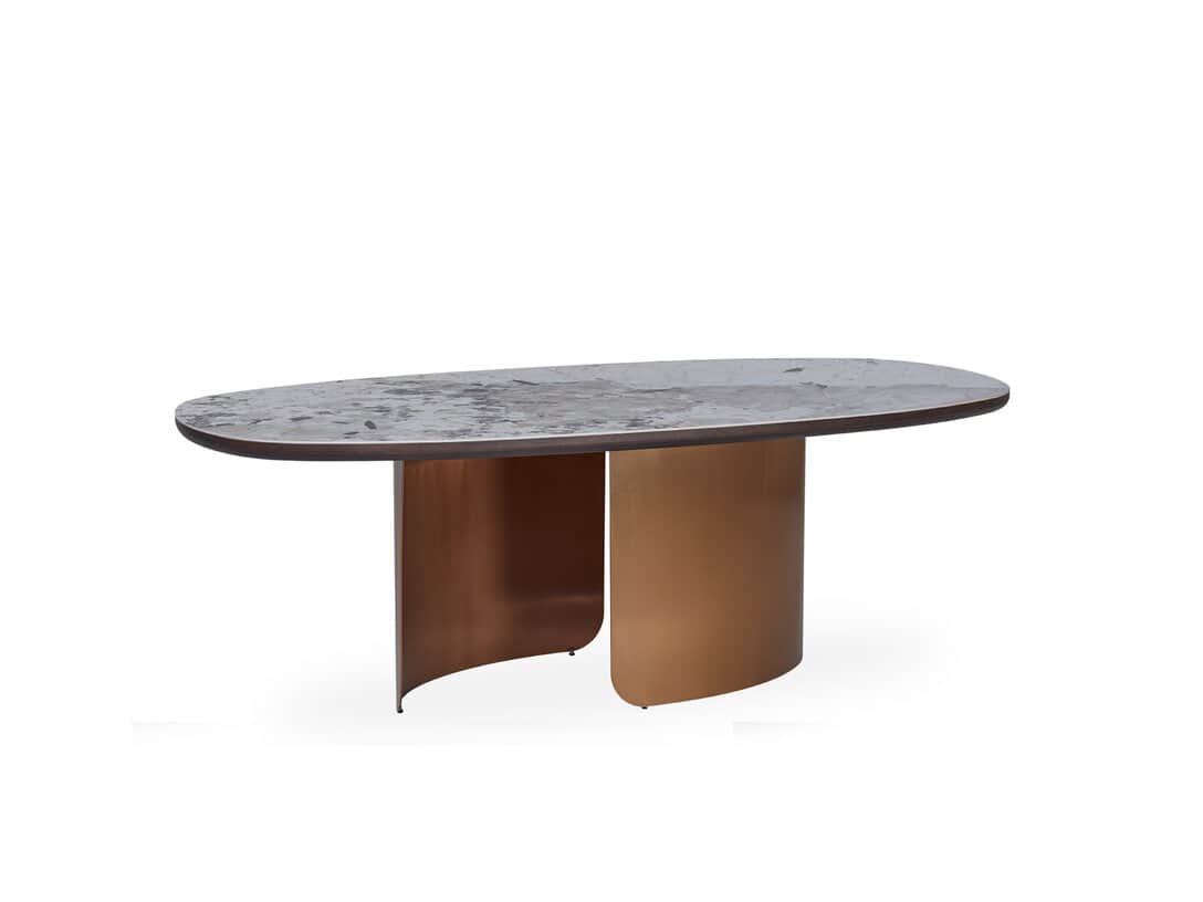 An oval coffee table with a stone-patterned top and a metallic base. The base consists of two curved… — 3D model