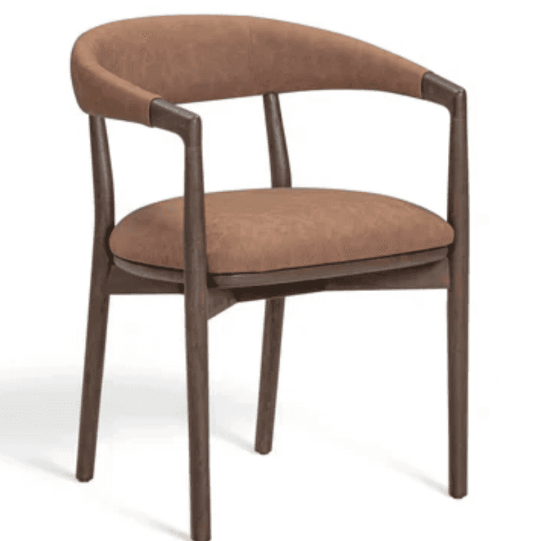A contemporary dining armchair featuring a solid wood frame with a dark finish and a padded seat and… — 3D model