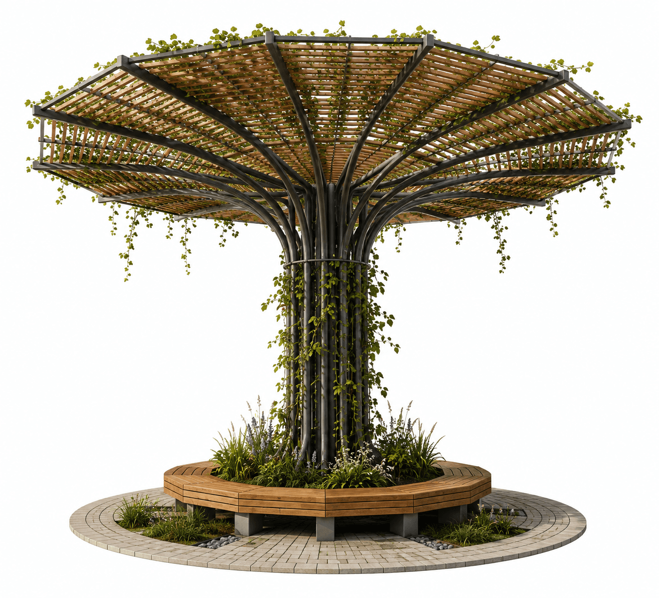 A large, contemporary outdoor structure designed to provide both shade and seating. It features a ce… — 3D model