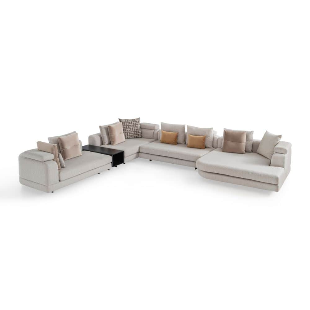 A large, contemporary U-shaped modular sectional sofa upholstered in a light, textured fabric. The s… — 3D model