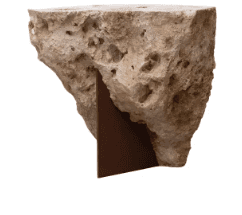 A console table with a natural, rough-hewn stone top that appears to be a single piece of travertine… — 3D model