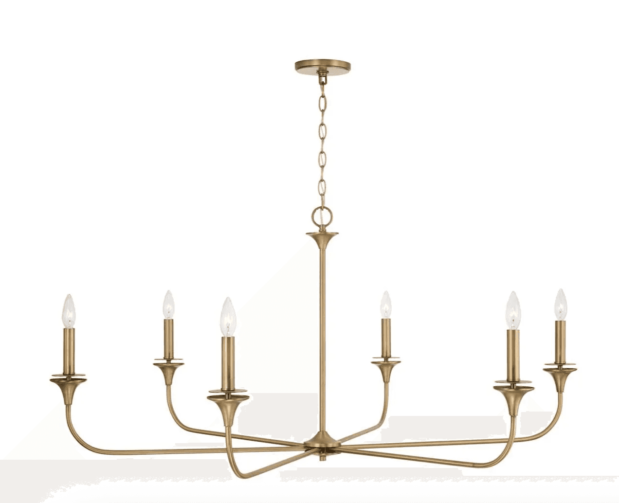 This is a modern six-light chandelier featuring a brushed brass finish. It has a central vertical st… — 3D model