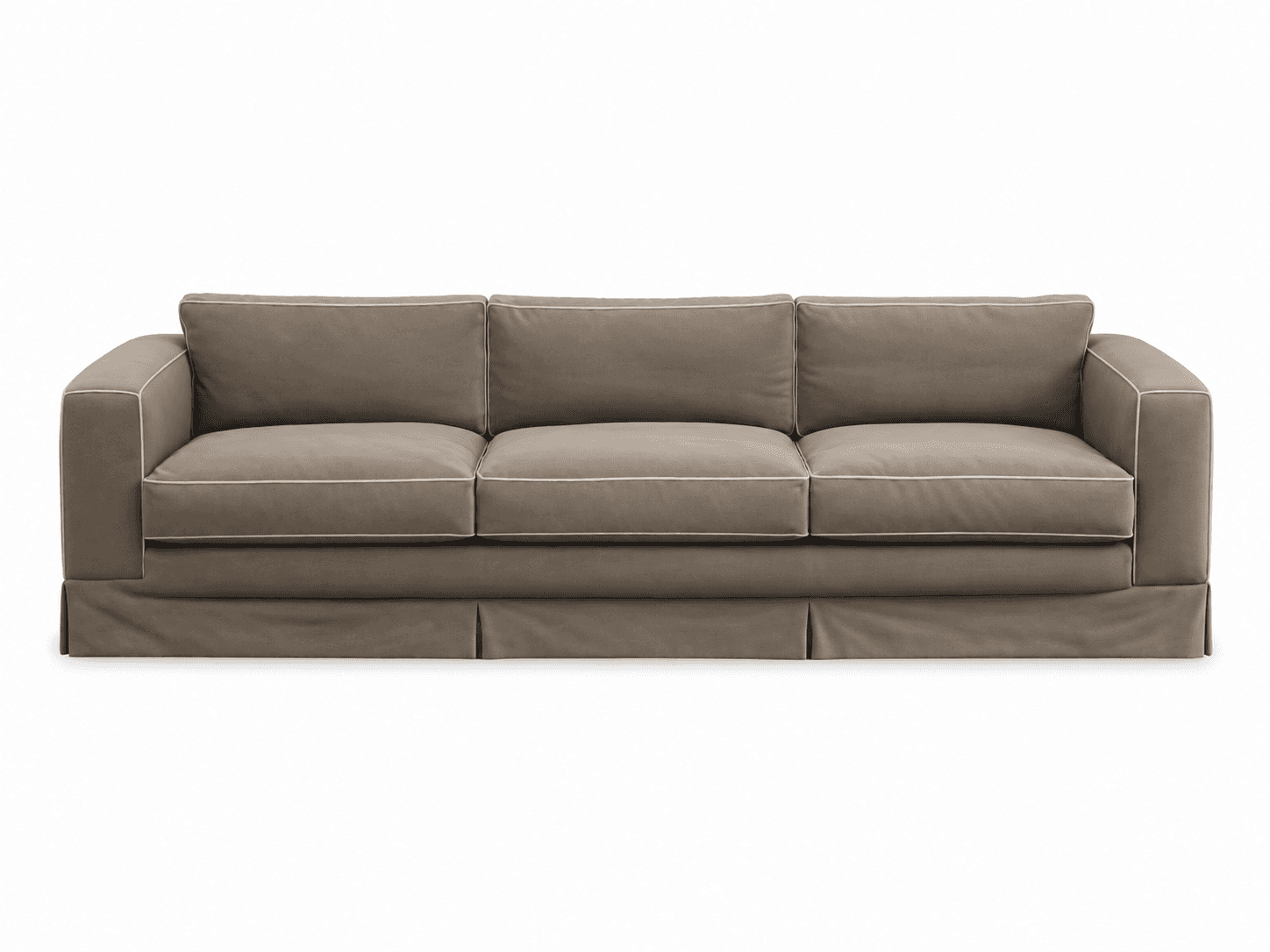 A three-seater sofa upholstered in a neutral taupe fabric, featuring three seat cushions, three back… — 3D model