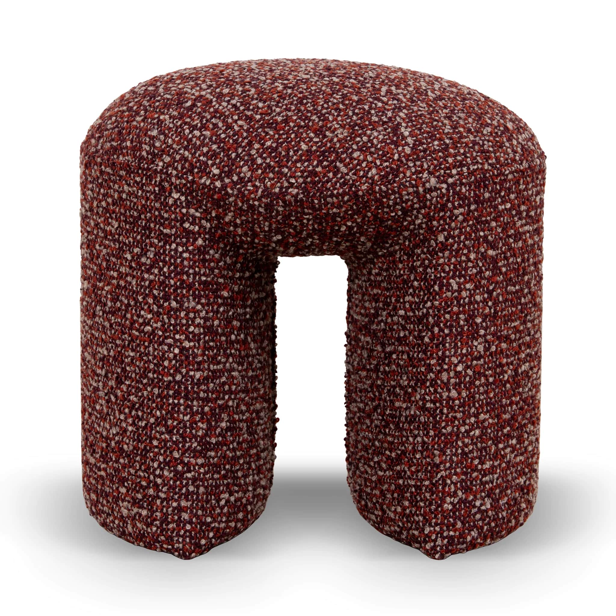 A U-shaped stool upholstered in a textured, multi-colored fabric. The stool has a rounded top and tw… — 3D model