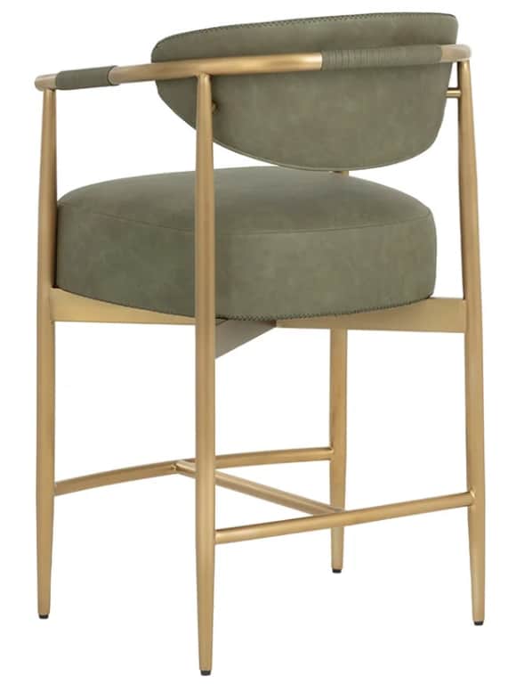 A modern bar stool featuring a slender, brass-toned metal frame and olive green upholstered seat and… — 3D model