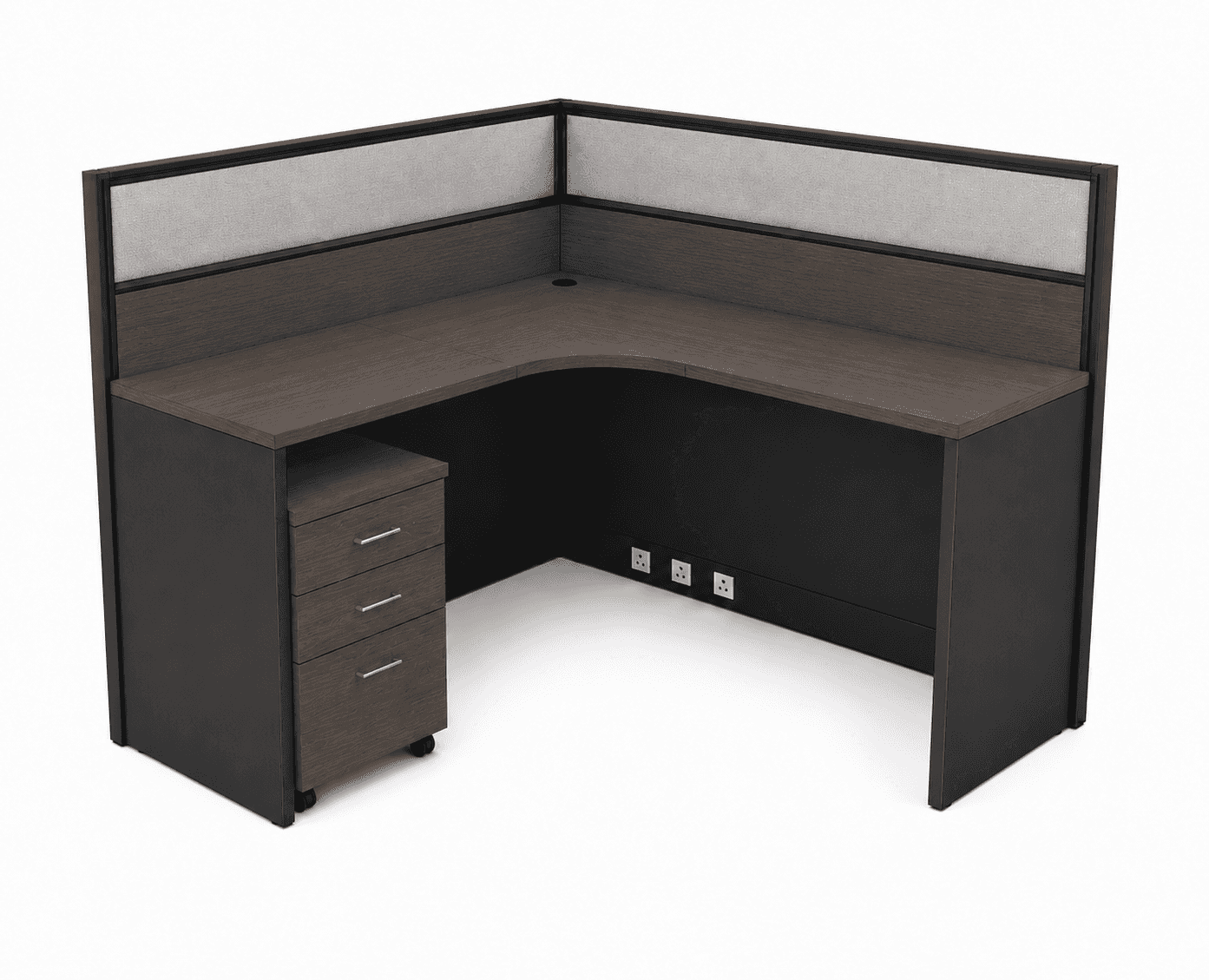 An L-shaped office workstation featuring a dark wood-grain laminate desktop, supported by black pane… — 3D model
