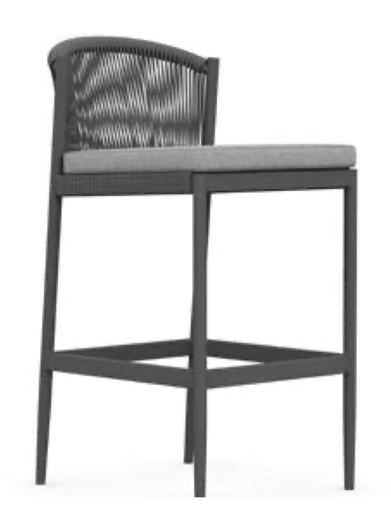 A modern outdoor bar stool featuring a dark gray aluminum frame, a backrest with vertical woven rope… — 3D model
