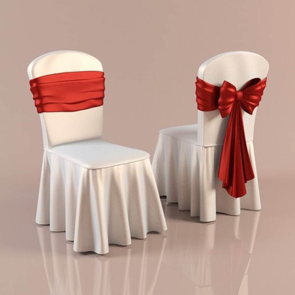 A white chair fully covered with a fitted fabric chair cover, featuring a pleated skirt that reaches… — 3D model