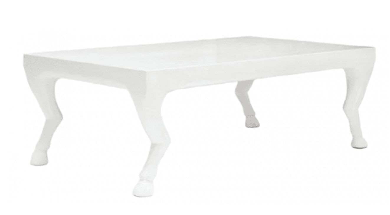 A white rectangular coffee table featuring four legs sculpted to resemble animal legs with hooves, e… — free BLEND 3D model
