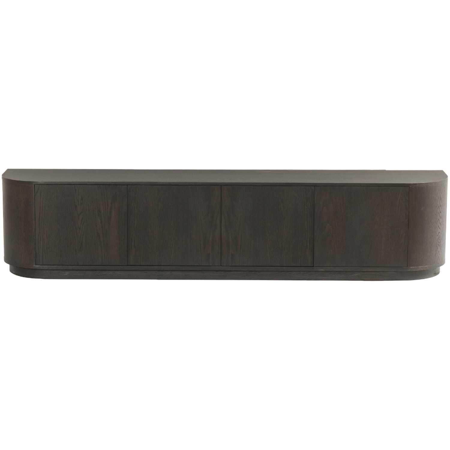 A modern credenza with a dark wood finish and a curved front. It features four cabinet doors arrange… — 3D model
