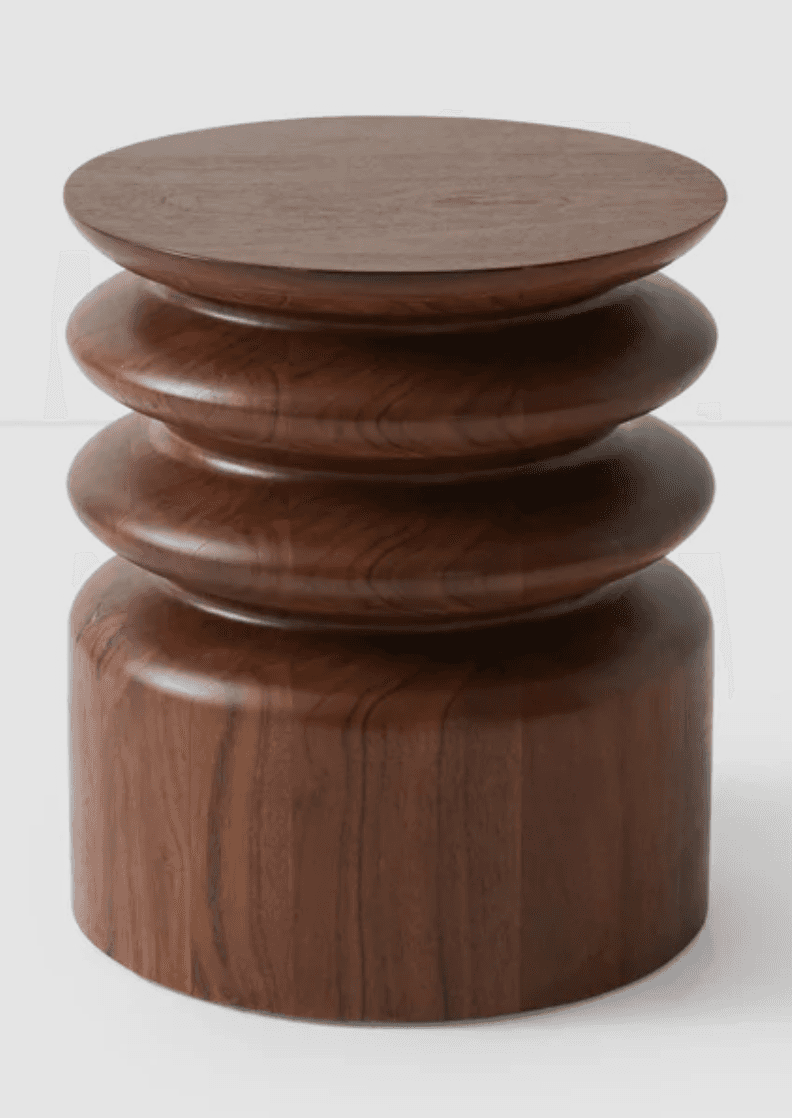 A cylindrical wooden side table with a series of stacked, rounded, and grooved sections leading to a… — 3D model