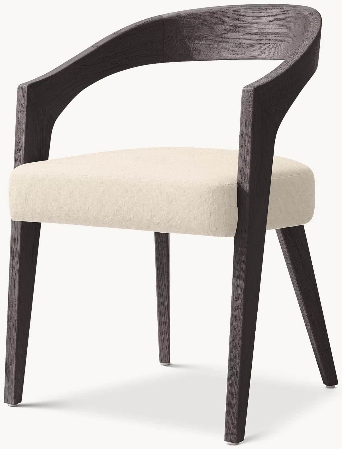 A modern armchair with a curved backrest and armrests constructed from dark stained wood, featuring… — 3D model