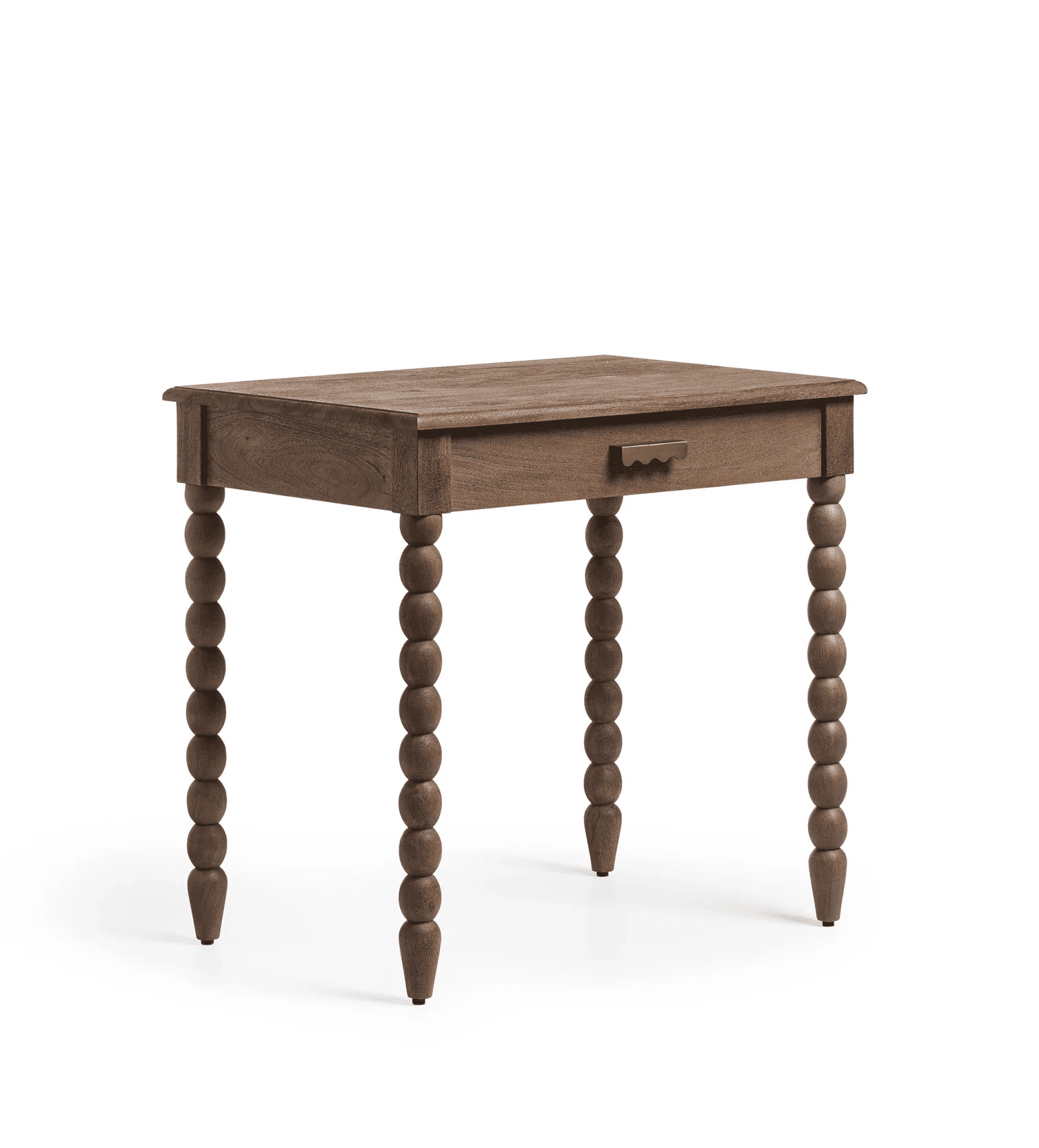A rectangular wooden accent table featuring distinctive bobbin-turned legs and a single drawer. The… — 3D model