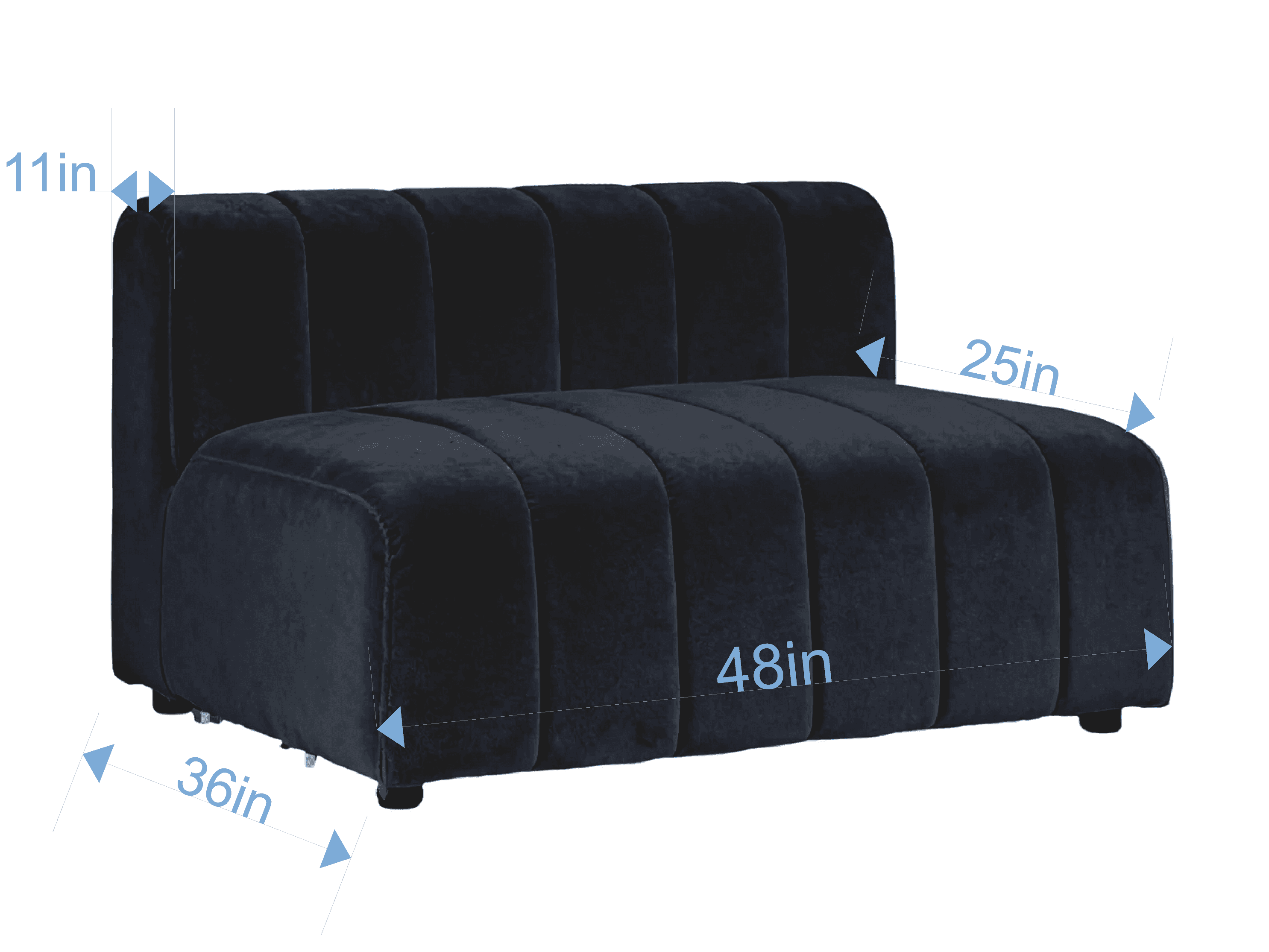 A dark navy blue velvet, armless seating unit featuring vertical channel tufting on both the backres… — 3D model