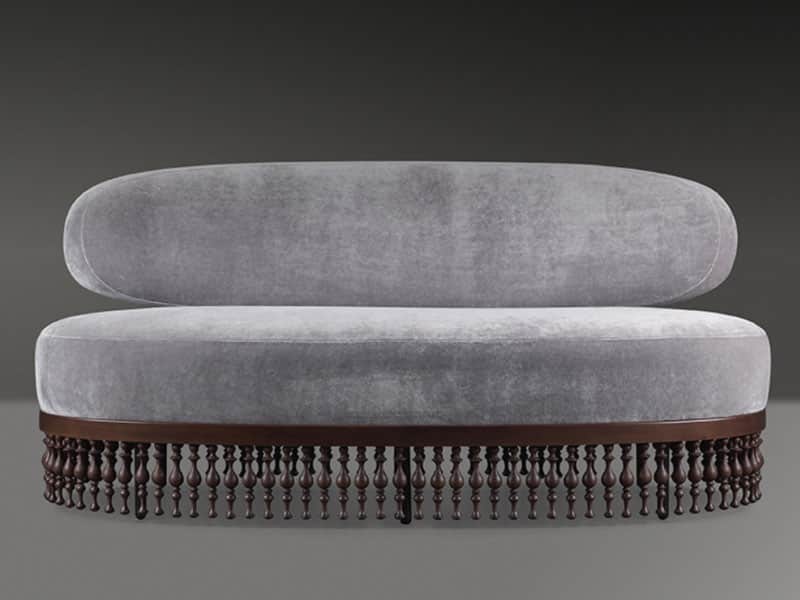 An elongated, asymmetrical chaise lounge upholstered in light grey velvet, featuring a single, organ… — 3D model