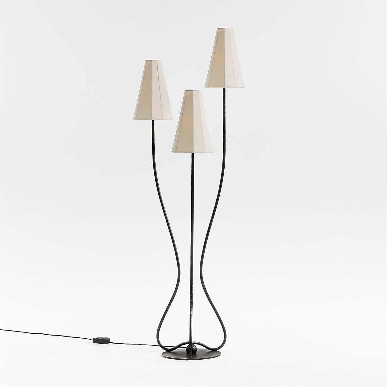 A sculptural triple-head floor lamp featuring a black wrought iron frame with three organically curv… — free FBX 3D model