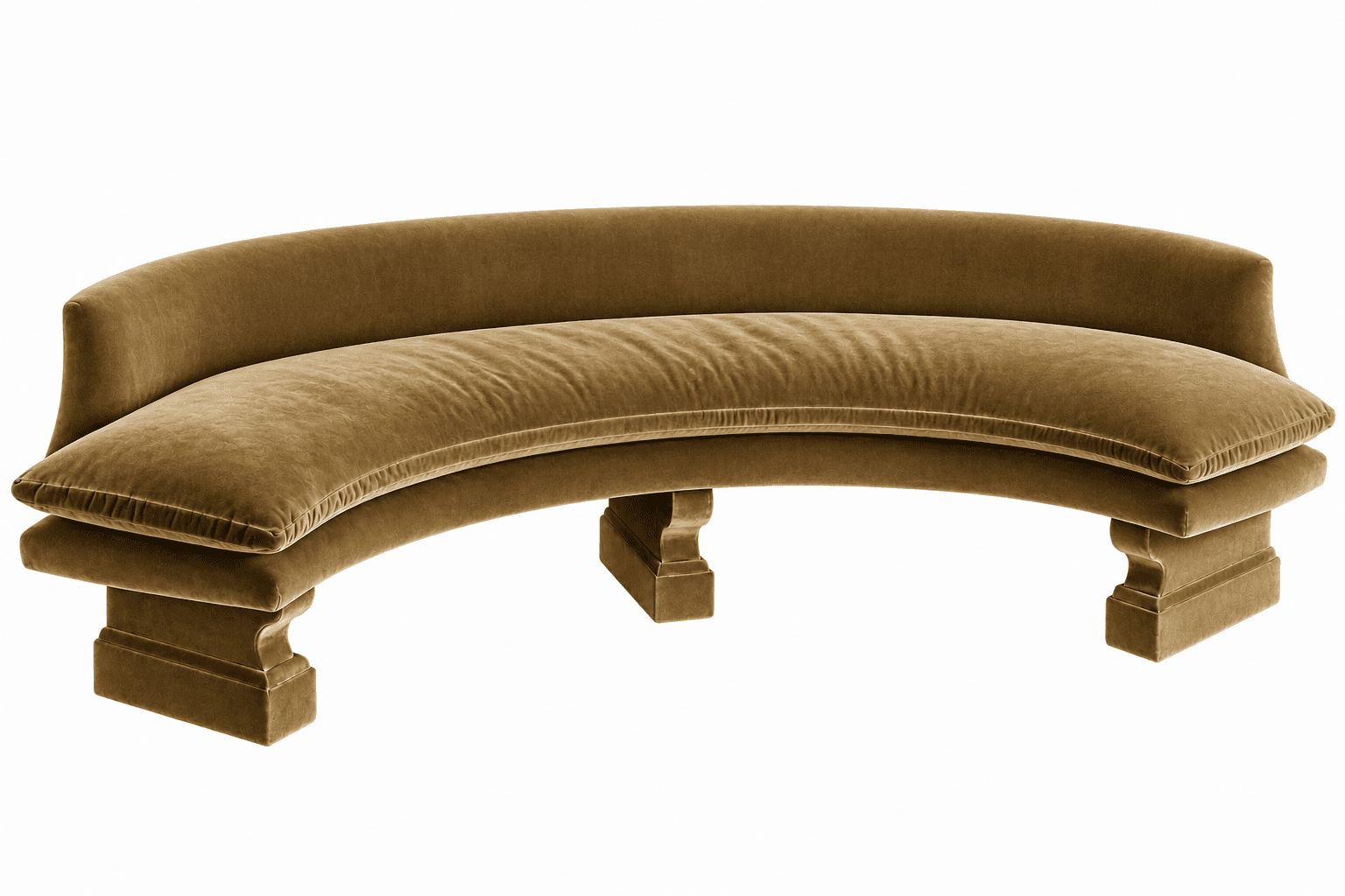A contemporary curved sofa upholstered in a rich, olive brown velvet fabric, featuring a continuous… — 3D model