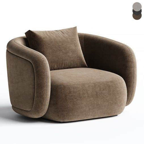 A contemporary armchair with a rounded, sculptural form. It features a deep seat, wide armrests that… — 3D model