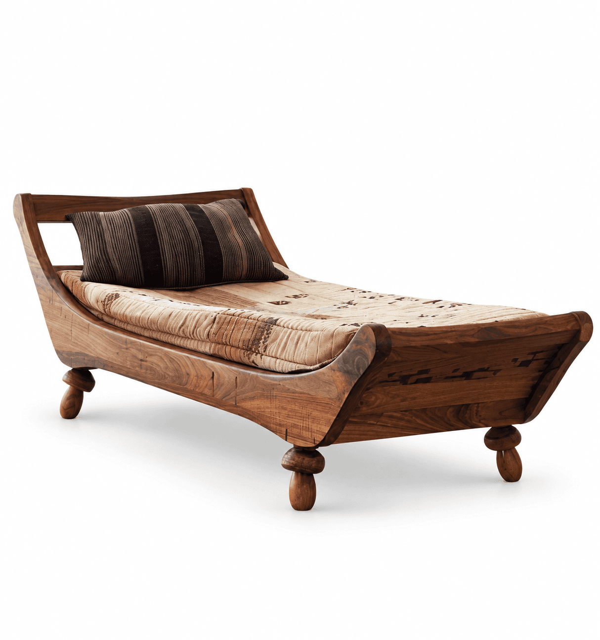 A beautifully crafted solid wood chaise lounge featuring a deeply curved frame and ornate turned leg… — 3D model