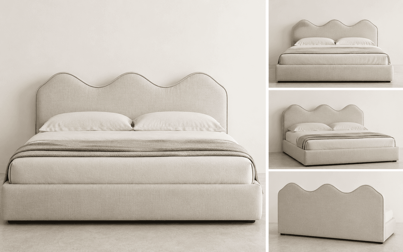 A contemporary upholstered platform bed featuring a distinctive wavy headboard. The entire frame, in… — 3D model