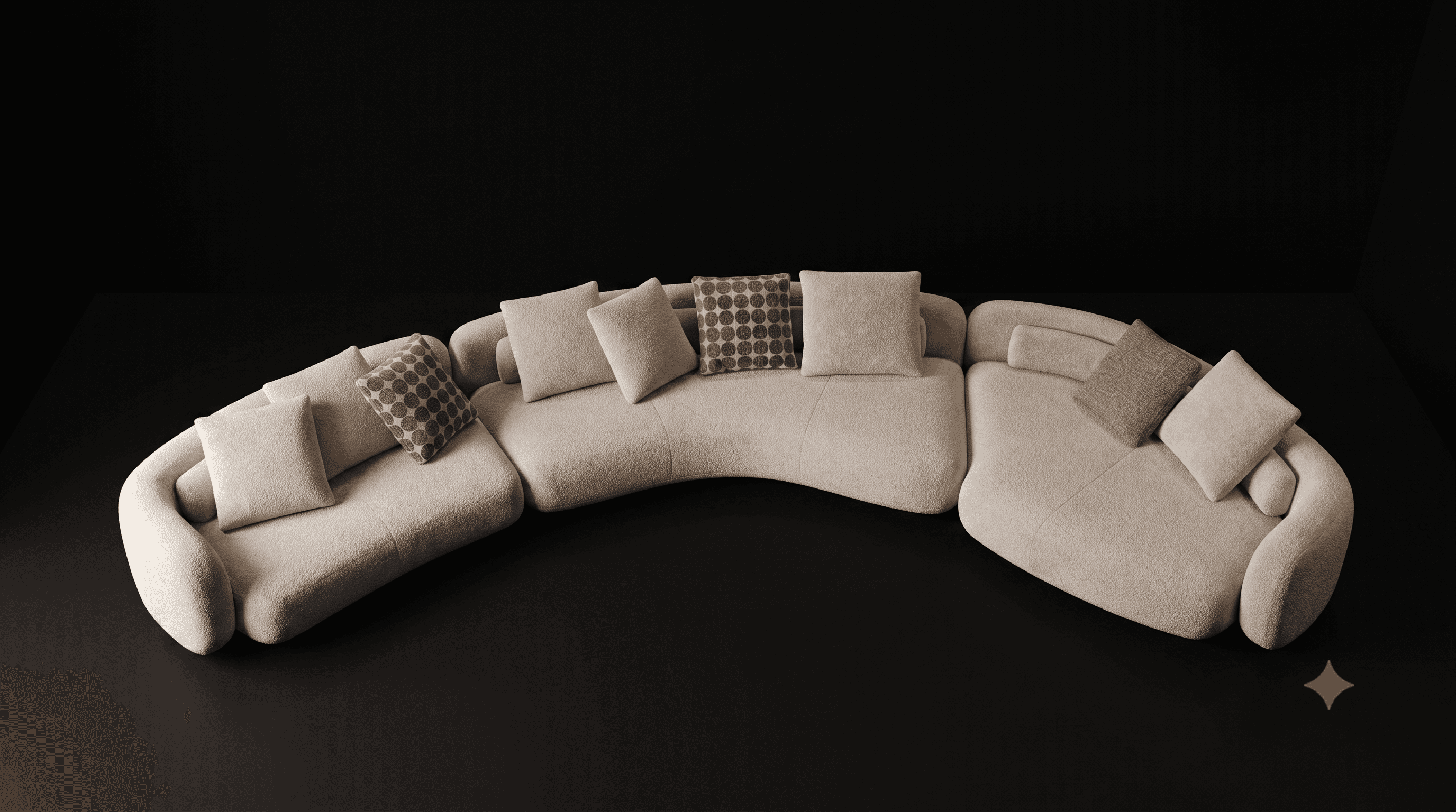 A large, modular sectional sofa featuring a distinctive curved silhouette. The sofa is upholstered i… — 3D model