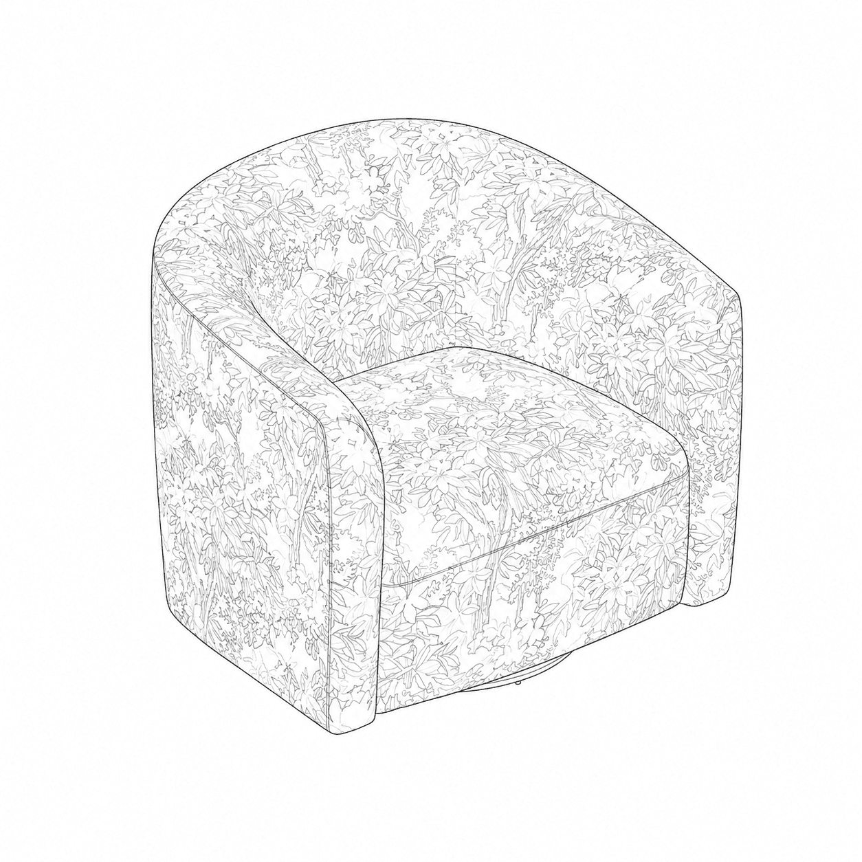 An upholstered barrel-shaped armchair with a continuous back and armrests, featuring a floral patter… — 3D model